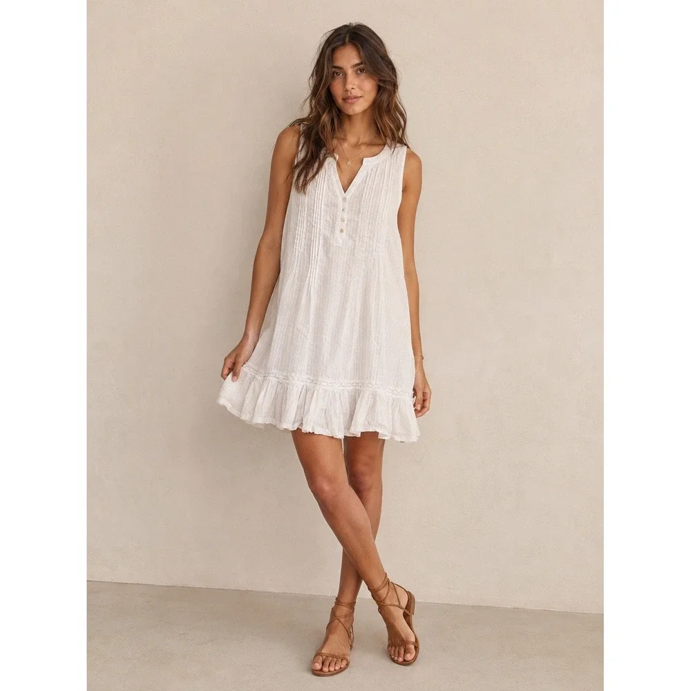 Joie Sleeveless Eyelet Boho Ruffle Hem V-Neck Dress Size Large Beach Coastal